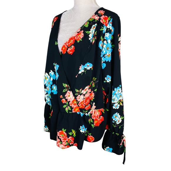 ASOS Blouse Top Size 18 Black Floral Bell Sleeves V-Neck Peplum - Picture 6 of 9